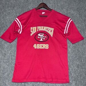 Vintage Logo 7 San Francisco 49ers V Neck Jersey T Shirt Womens Size XL Red Gold